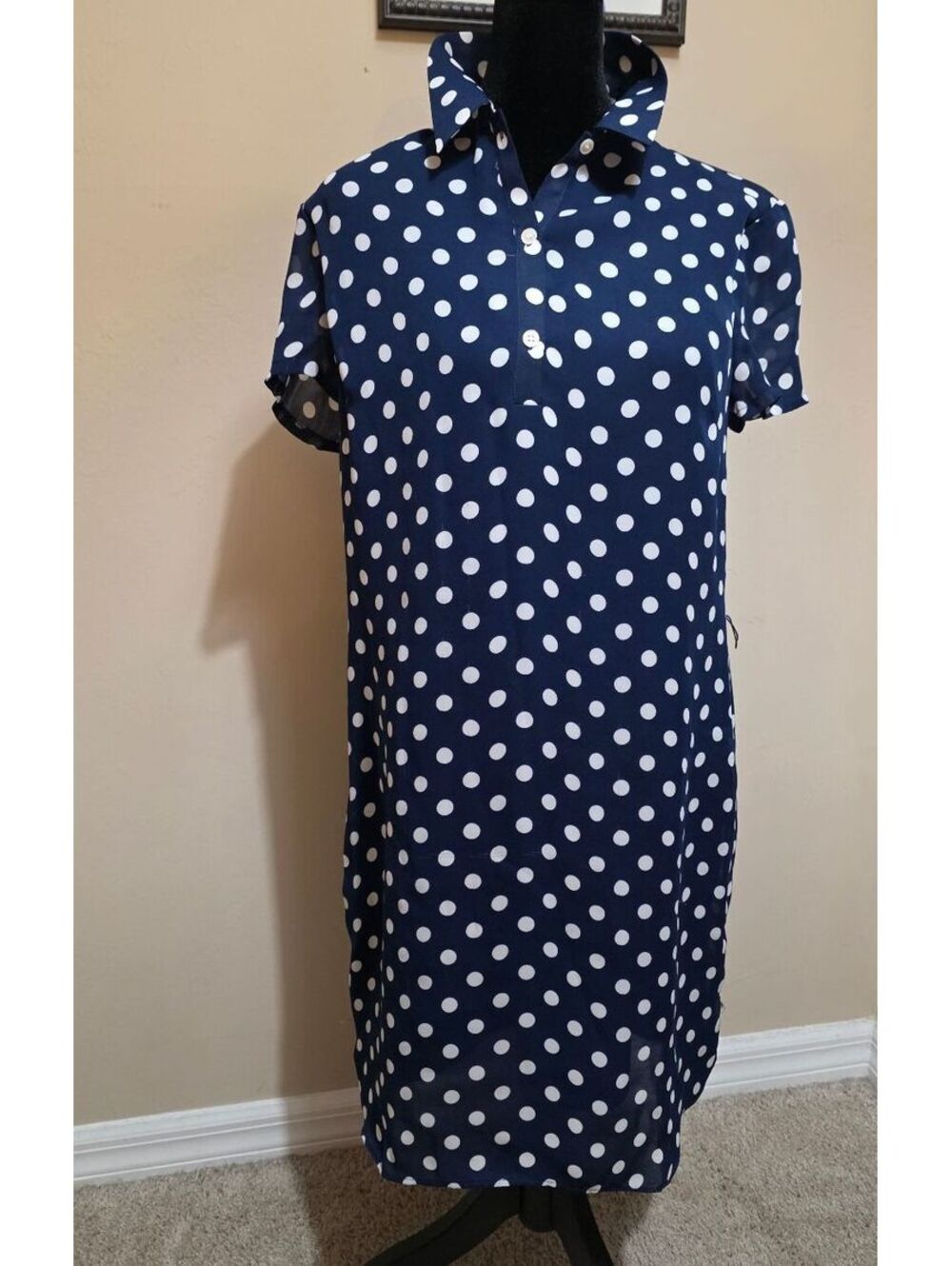 Ann Taylor Women's Navy Blue White Polka Dot Short Sleeve Dress Size Small